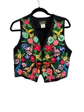 Embroidered Floral Black Vest with Multicolor Flowers